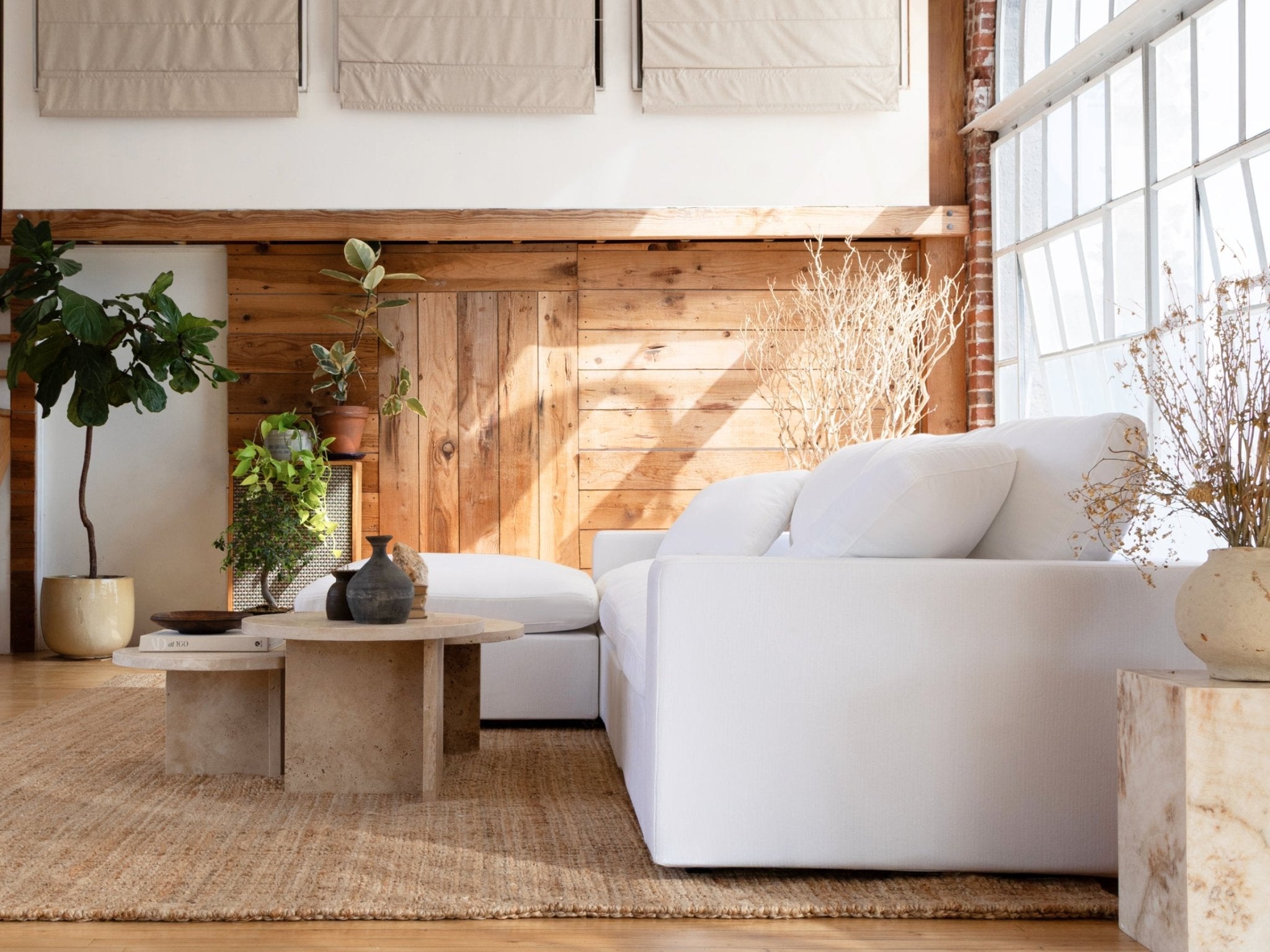 White sectional in cozy living room