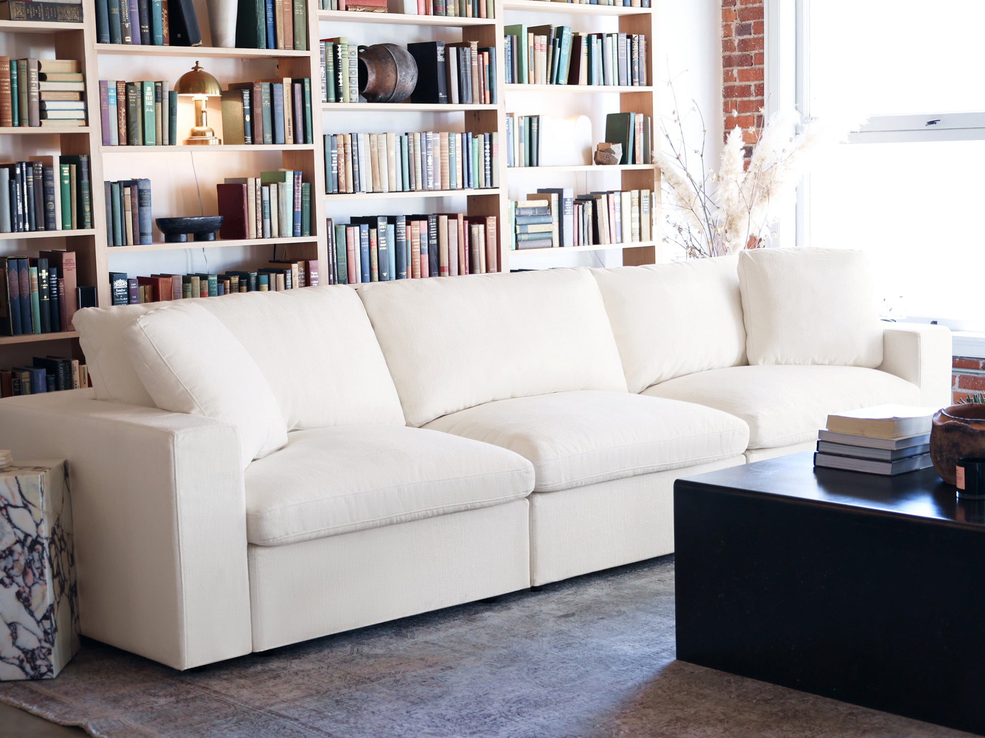 White sofa with bookshelf background